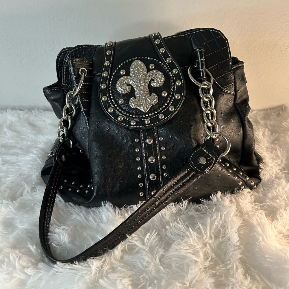 Large Studded Black Shoulder Bag with Rhinestone Fleur-de-Lis Accent